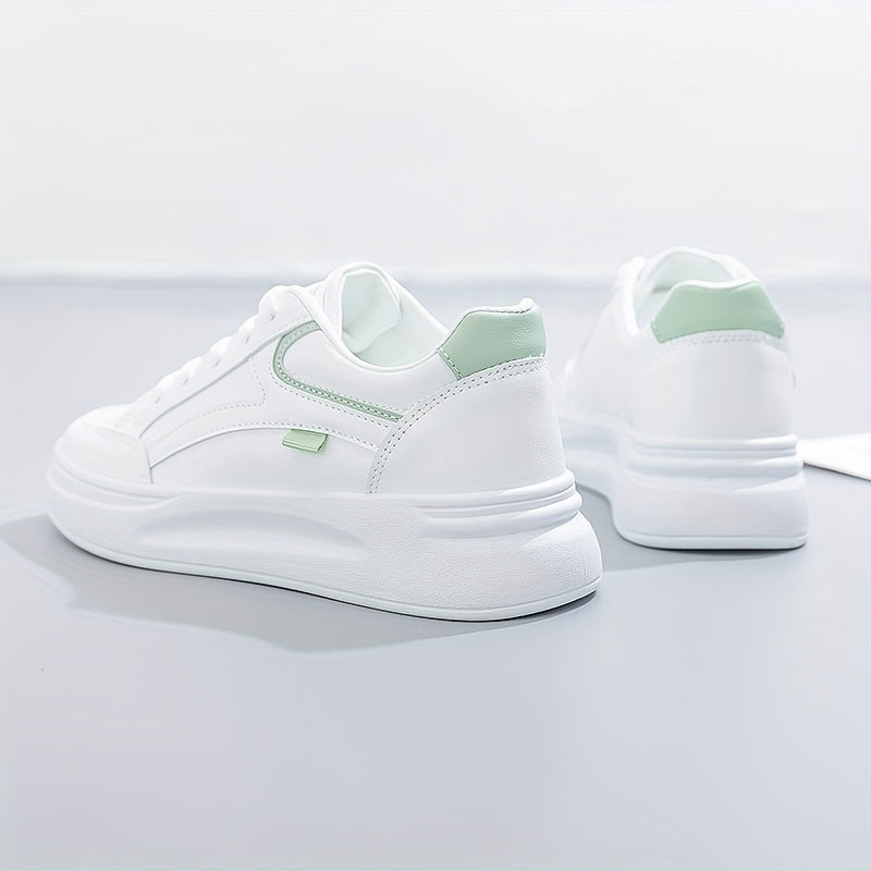 Height increasing lace-up platform skate shoes for women in white, suitable for outdoor walking and available in plus sizes.