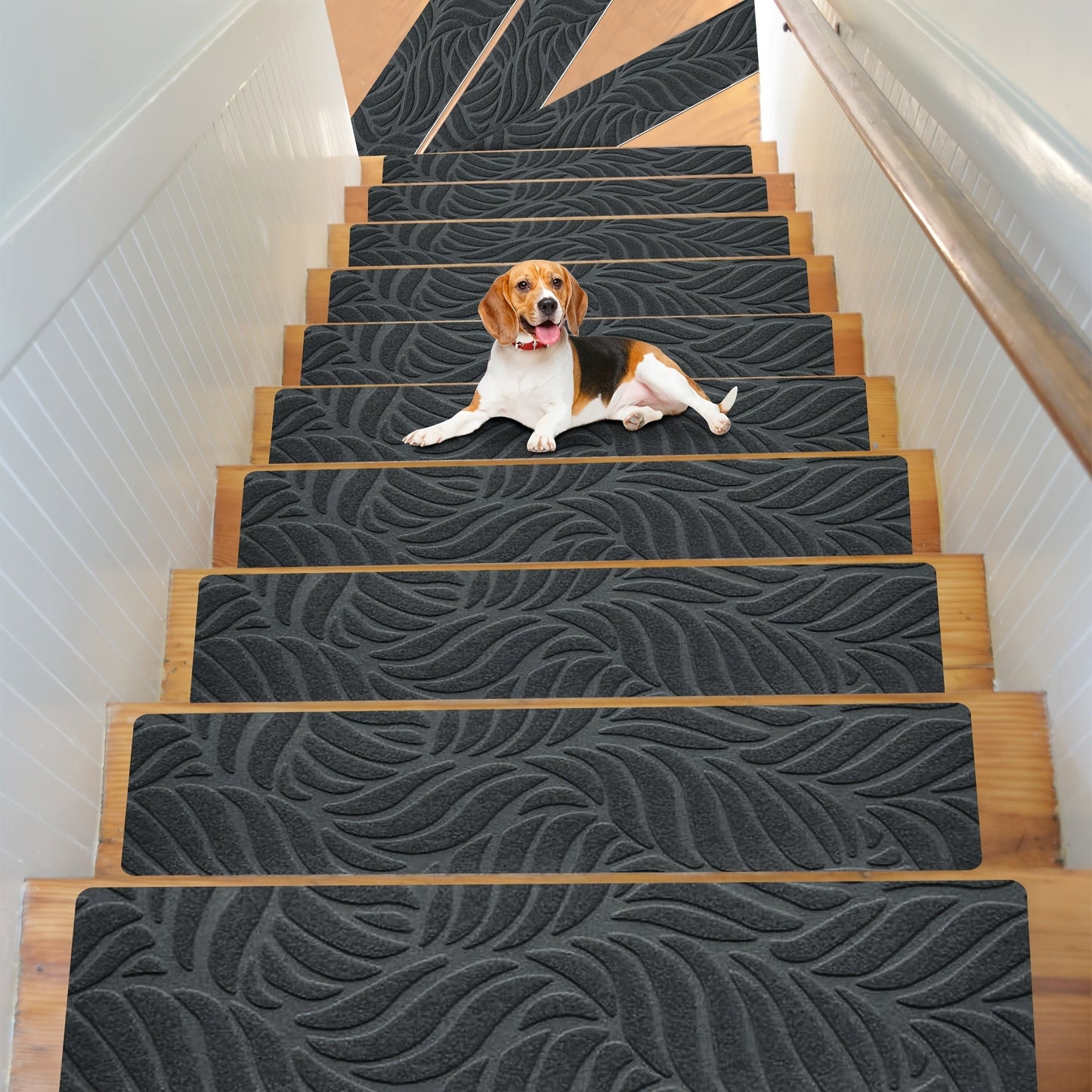 15 pieces of carpet stair treads by JAYFAN, designed for wood steps with non-slip features to provide safety for both pets and humans. These indoor stair treads are washable and reusable, making them a practical choice for any staircase.