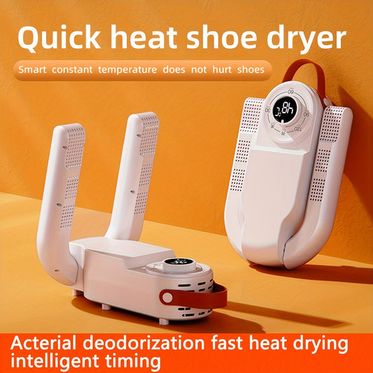 Portable smart shoe dryer with UV deodorization, fast heating and folding design for home and dorm use. White with red accents, 220-240V, US plug.