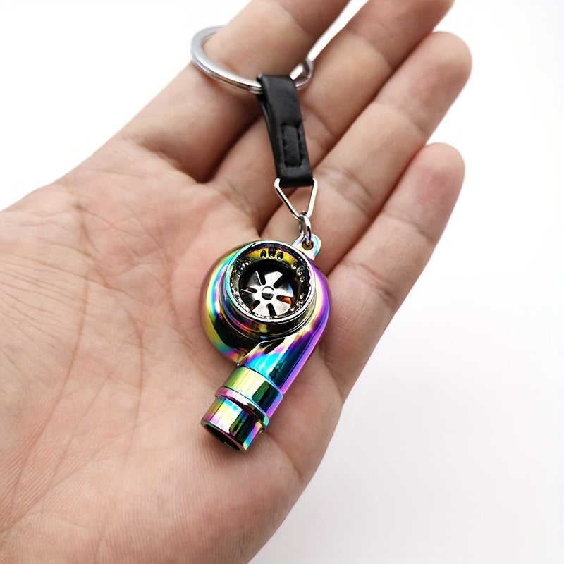 Keychain featuring a rotating turbine design, perfect for car enthusiasts. This creative accessory also doubles as a key holder and includes a turbine whistle feature. Ideal as a unique gift option.