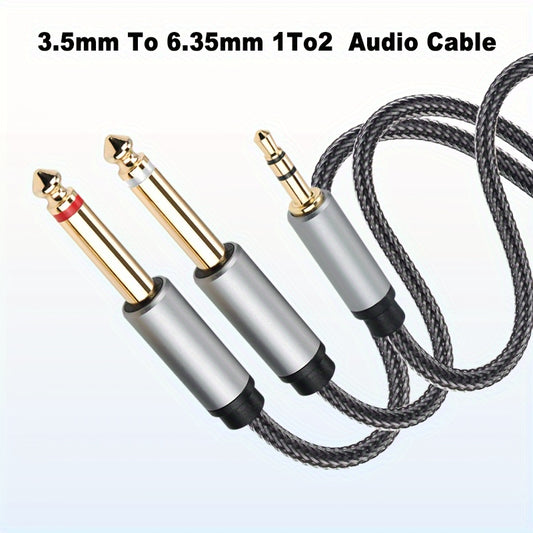 3.5mm to 6.35mm 2-in-1 audio cable with nylon mesh aluminum alloy construction. High-fidelity sound quality for PC, phone, tablet, and MP3 with 3.5mm jack; speaker, guitar, microphone