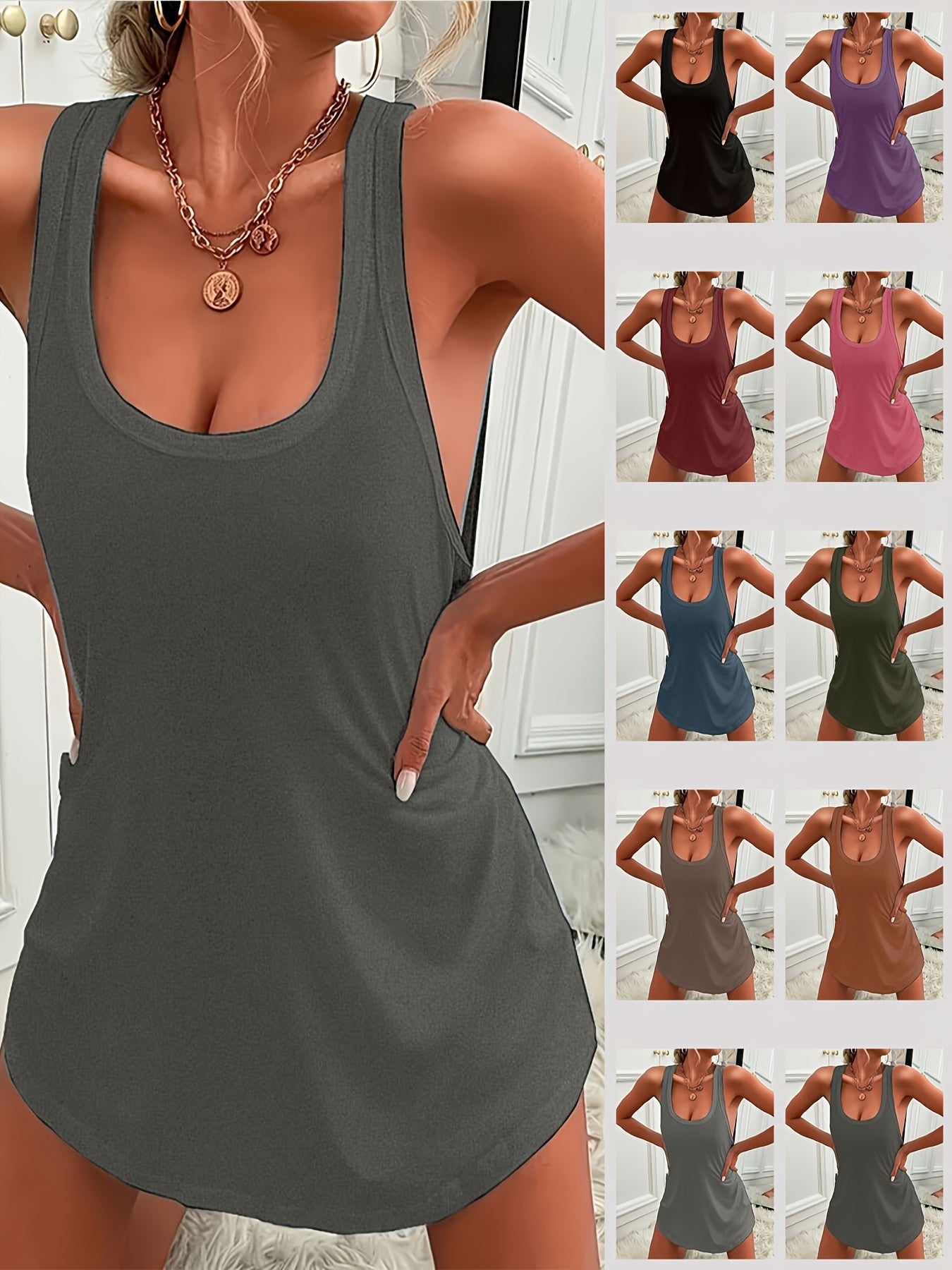 Casual solid sleepwear tank dress with racer back and curve hem for women, comfortable nightgown.