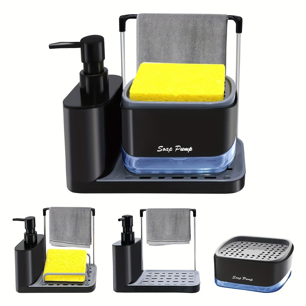 1pc Hand and dish soap dispenser set with sponge holder, dishcloth holder, and tray for kitchen sink. 5-in-1 organizer for sink countertop and bathroom.