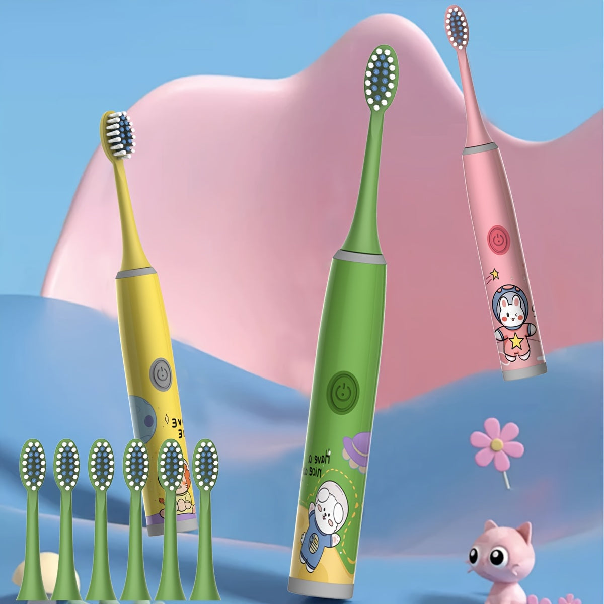 The New Space Series children's electric toothbrush set includes a battery-operated model with 3 to 6 brush heads, making it a perfect holiday gift for family and friends. Featuring soft