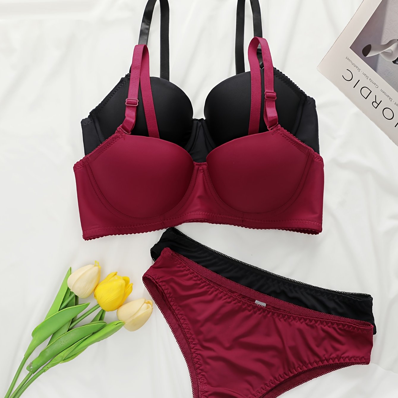 European and American casual women's underwear set with low elastic waistband and steel ring detailing, featuring a one-piece mid-waist design and non-removable coaster triangle panties.