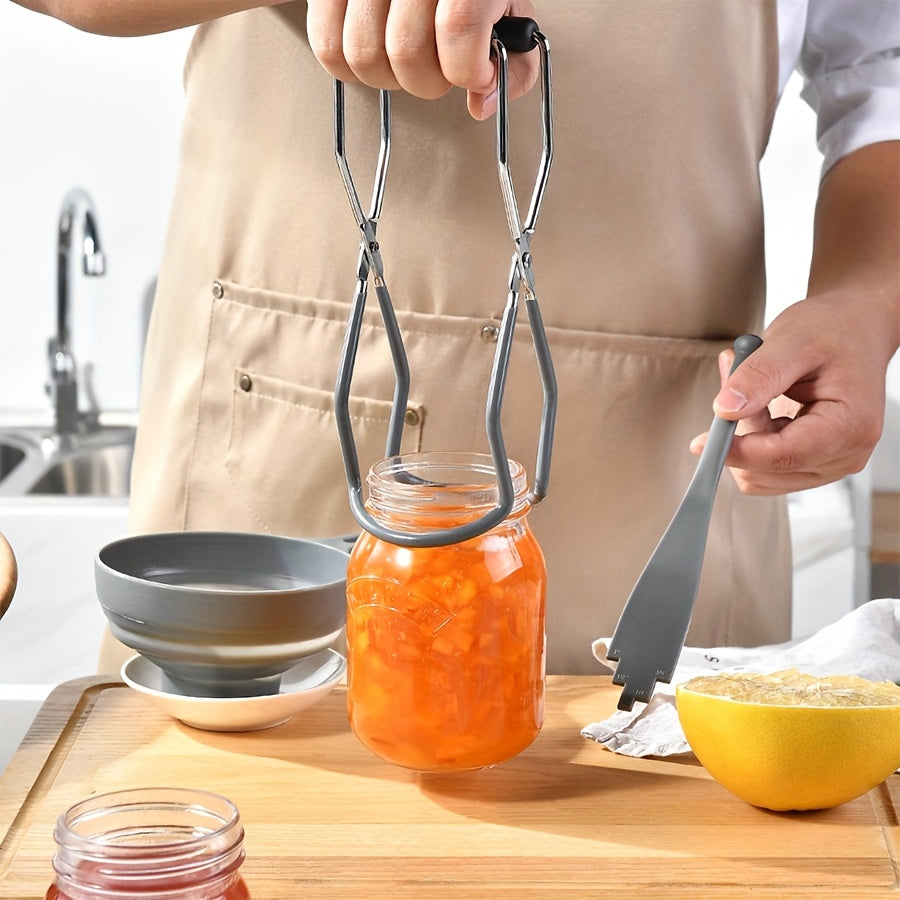 3-Piece Stainless Steel Jam Making Tool Set Including an Anti-Scald Jar Clip, Folding Wide Mouth Funnel, and Lid Lifter for Safe Food Contact