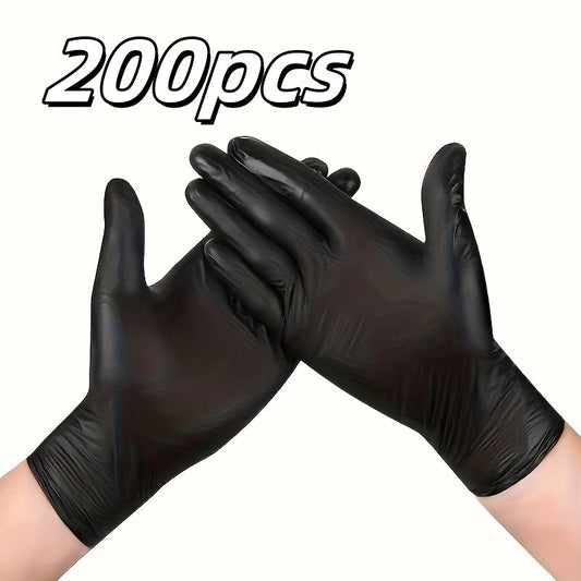 This pack includes 200 black disposable nitrile gloves that are powder and latex-free. They are waterproof and suitable for various activities such as kitchen cooking, bathroom and living room cleaning, pet outdoor use, tattoos, condiments, and haircuts.