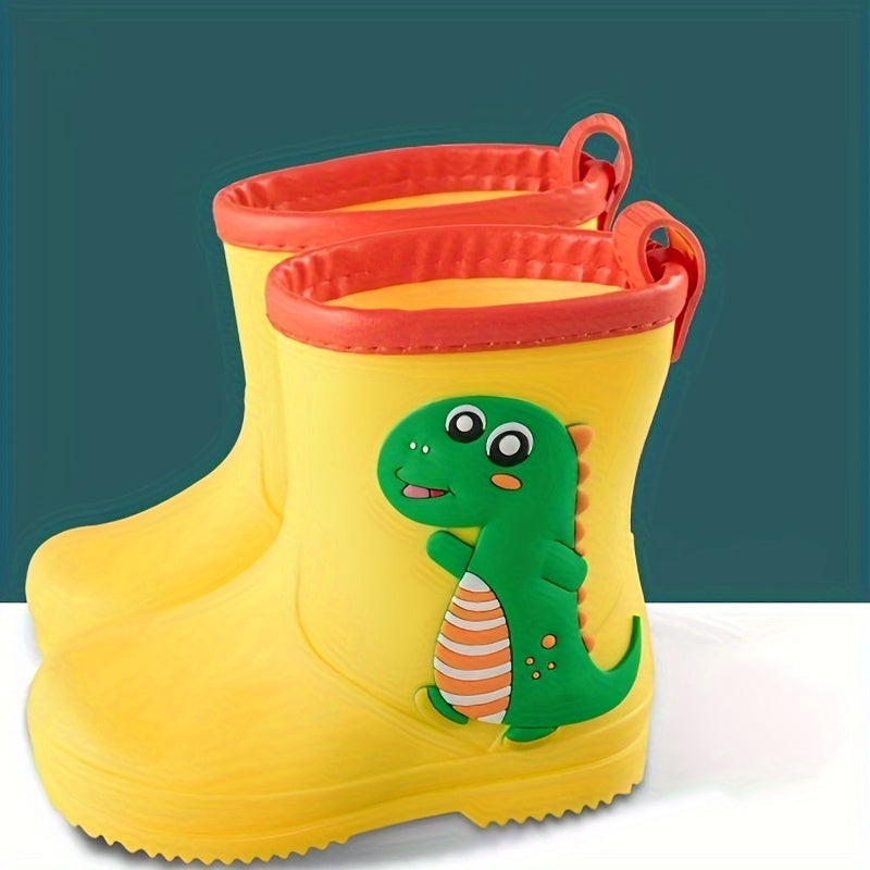 Durable PVC mid-calf youngsters' cartoon rain boots with drawstring closure. Waterproof, anti-slip, and perfect for outdoor activities. Ideal for boys and girls.