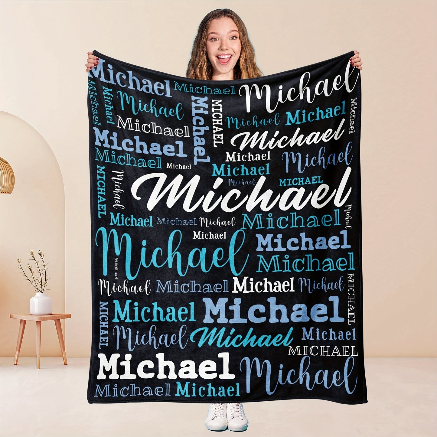 Personalized Big Name Blanket by QOGOER made from an ultra-soft 100% polyester flannel knit fabric, featuring high-quality digital printing in a mixed color design that is suitable for all seasons.