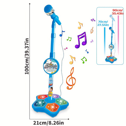 Portable LED karaoke microphone toy with adjustable stand for kids ages 3-6. Ideal for birthday parties and concert gifts.