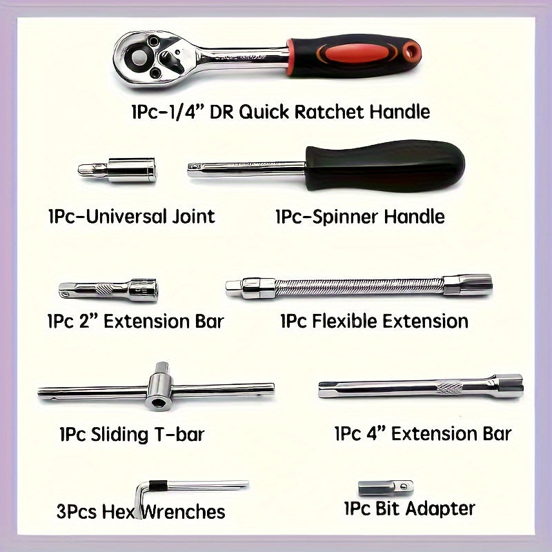 46 piece 1/4" Drive Ratchet Wrench Set with Metric and Extended Rod Drill Bit. Suitable for car repair and home use. High quality ratchet wrench and screwdriver set. Ultra portable with