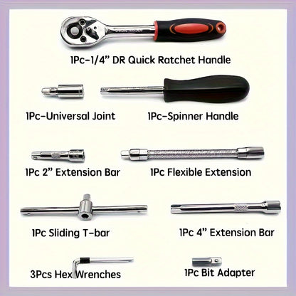 46 предметов 1/4" Драйв Рычажный Гаечный Ключ Набор с Метрическими и Удлиненными Сверлами. Подходит для ремонта автомобилей и домашнего использования. Высококачественный рычажный гаечный ключ и набор отверток. Ультрапортативный с