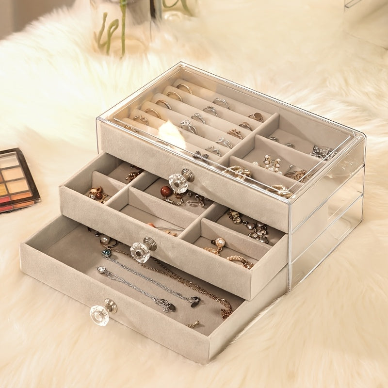 Transparent three-layer portable jewelry storage box with large capacity and dustproof drawers. Perfect for storing earrings, necklaces, and other jewelry. Ideal gift for Valentine's Day, Christmas, or any special occasion.