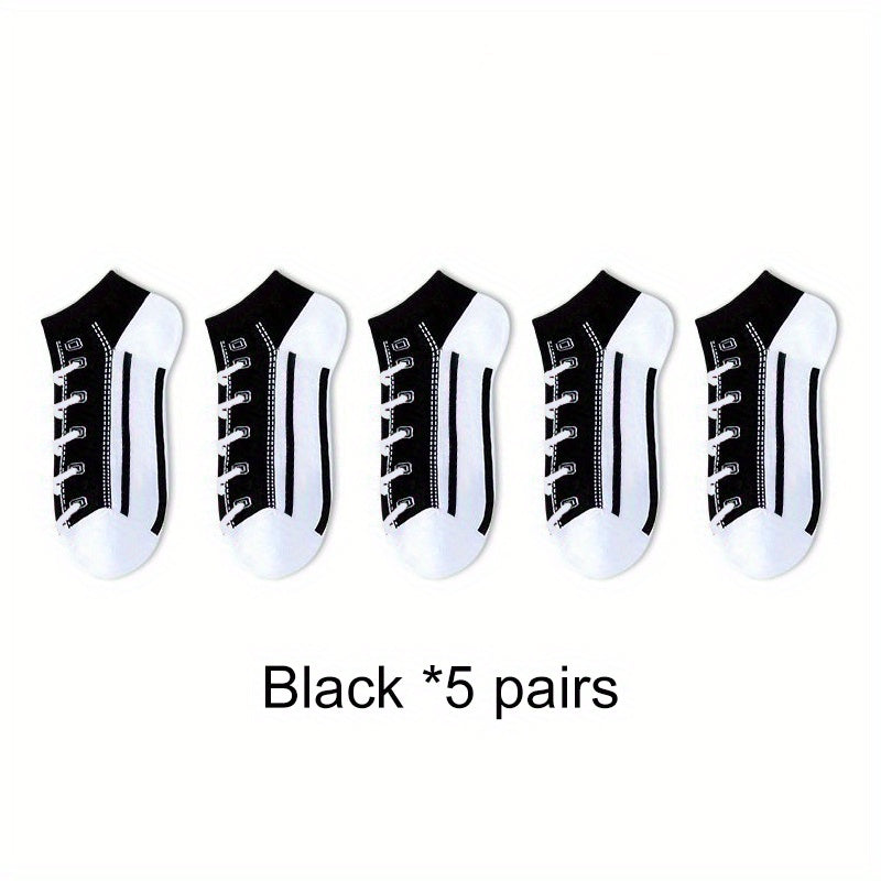 Men's fashion shoe pattern sports casual cotton socks, 5 pairs.