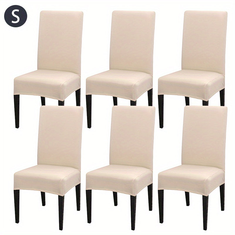 Set of 6 solid color chair covers made of stretch spandex fabric, easily removable and washable, ideal for dining rooms, kitchens, and hotels.