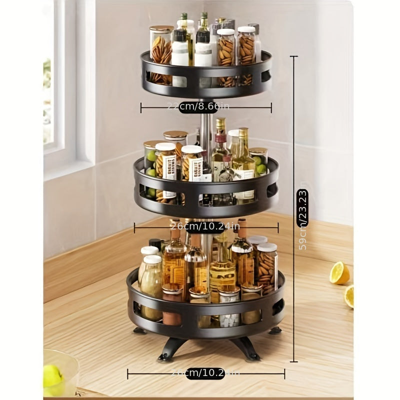 Rotating Metal Spice Rack with Adjustable 3 Tiers, Perfect for Organizing Seasoning Bottles, Cans, and Snacks on Countertop Shelf