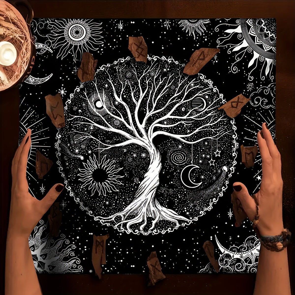 1pc Tarot Tablecloth featuring life tree and moon phase designs, suitable for tarot readings, altar cloths, witchcraft, table games, and room decoration.