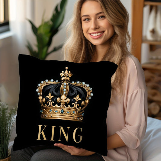 [Best-Selling] Set of 1 or 2 45x45cm Peach Skin Pillowcases with Black Background, Golden Crown King and Queen Design. Perfect for Car Seat Cushions, Living Room Sofas, Bedroom Pillows, Bedside Backrests, or Home Decor. Single-Sided Printing, Pillow Core