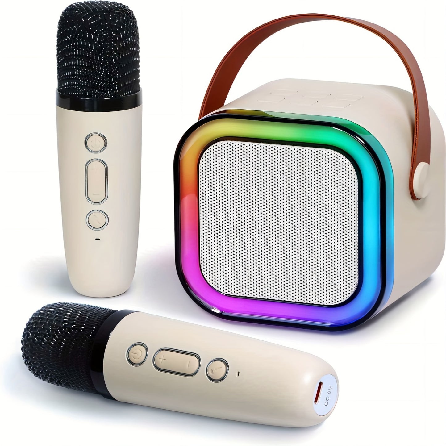 Compact karaoke speaker with wireless microphones, LED disco lights; ideal for home parties and special occasions like birthdays and Valentine's Day.