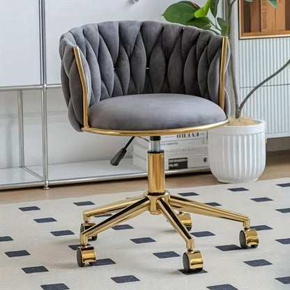 Golden Velvet Swivel Vanity Chair with Woven Backrest - Adjustable Height, 360° Rotation, 5-Wheel Base for Smooth Rolling, Cream Upholstery, Ideal for Home Office, Dressing Table, Salon