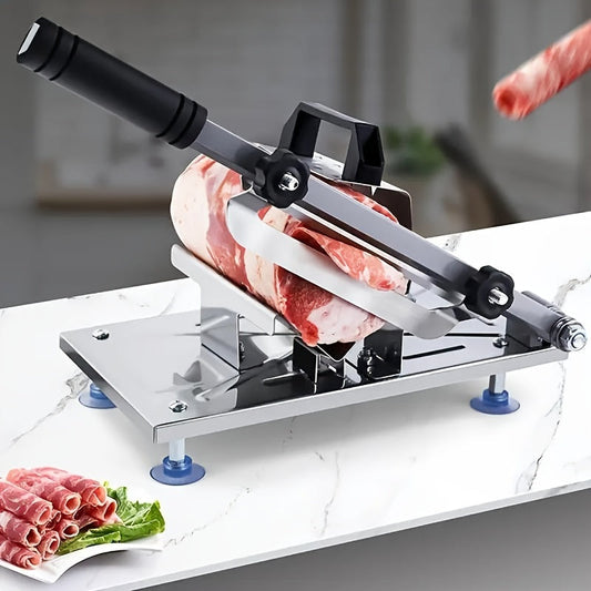 Household stainless steel manual meat slicer designed for cutting meats, cheeses, and bread, with adjustable thickness settings.