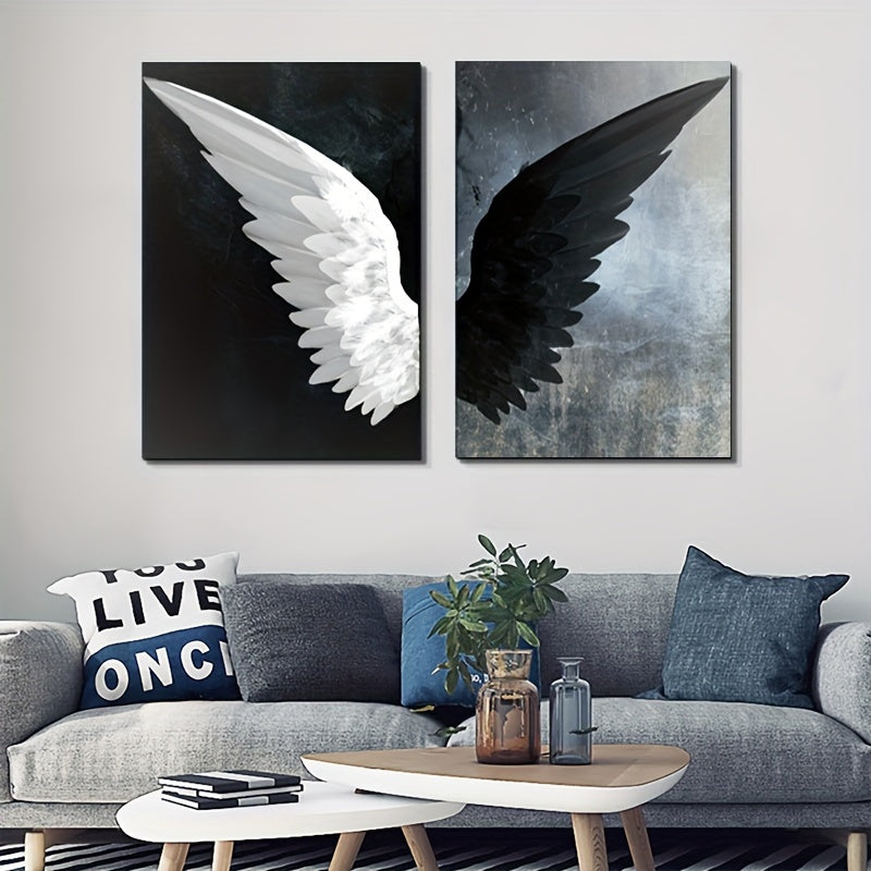 Set of two modern black and white angel wings canvas prints for living room, bedroom, office, or hallway decor. Frames not included.