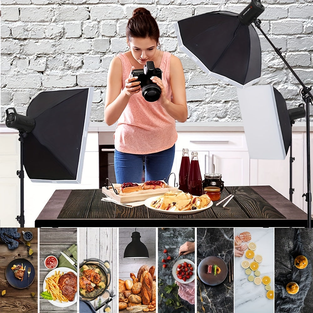 5 pieces of large 87x57cm marble wood cement product background paper with 10 patterns for food photography. Double-sided for tabletop backdrops.