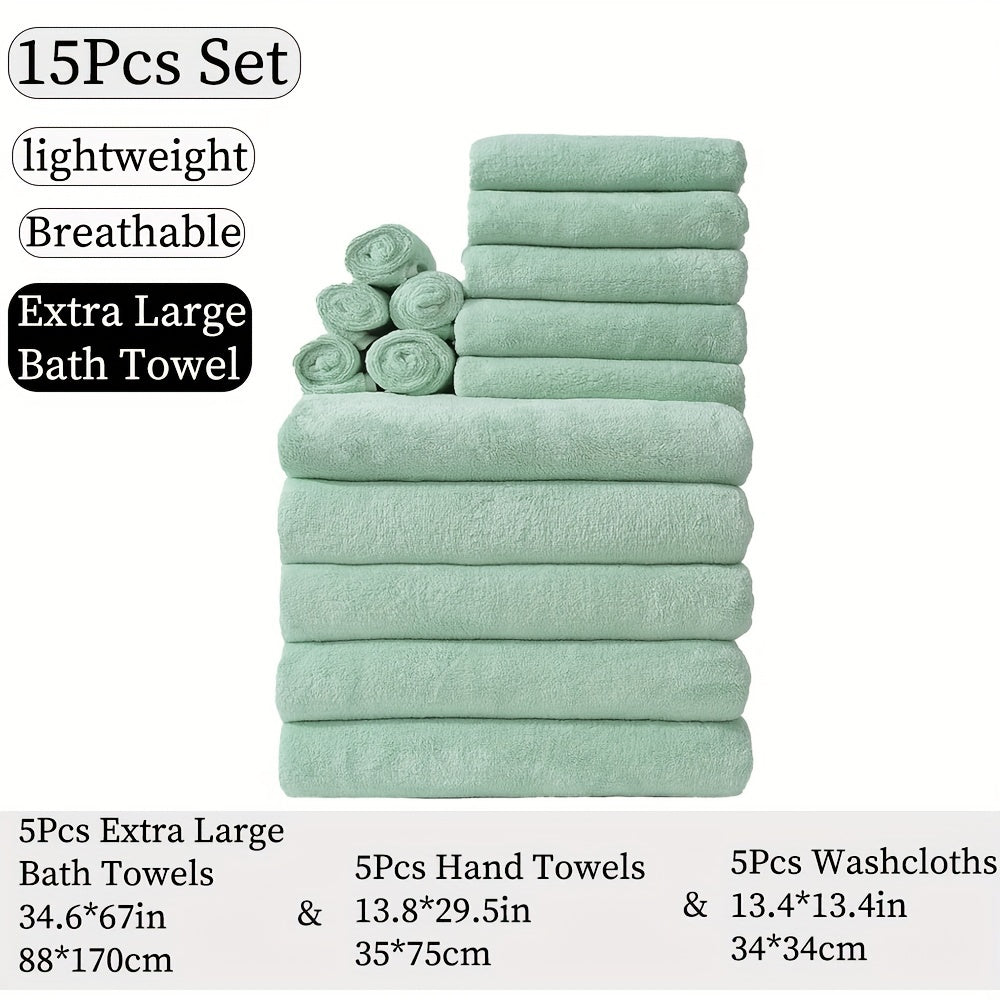 15-piece ultra-soft microfiber towel set in multiple colors, ideal for home and hotel showers.