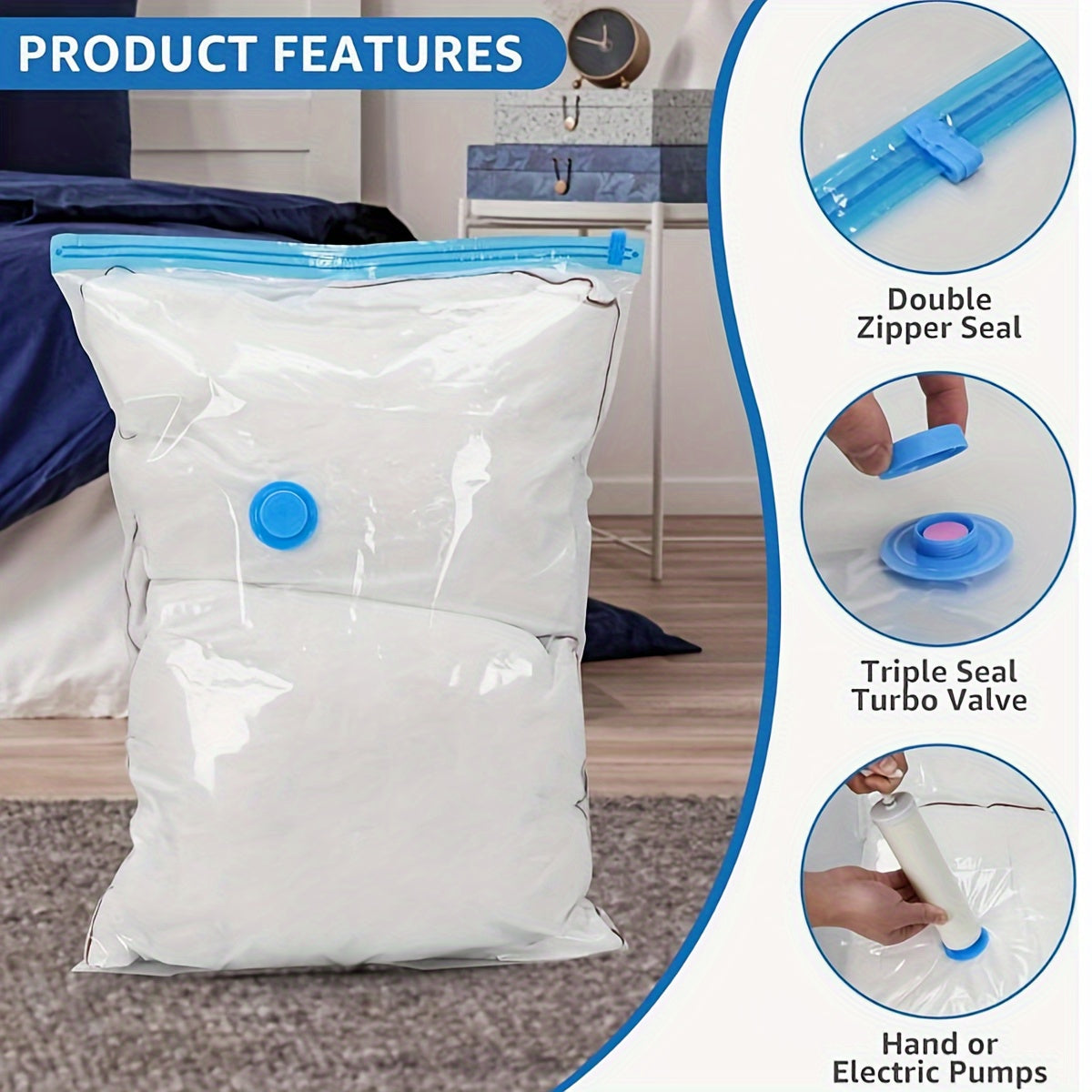 Large, medium, and small vacuum compression bags available in sizes of 3, 7, 9, and 11 pieces. Perfect for wholesale storage, seasonal clothing storage, quilt storage, and travel. A great helper for organizing your belongings with multiple size options.