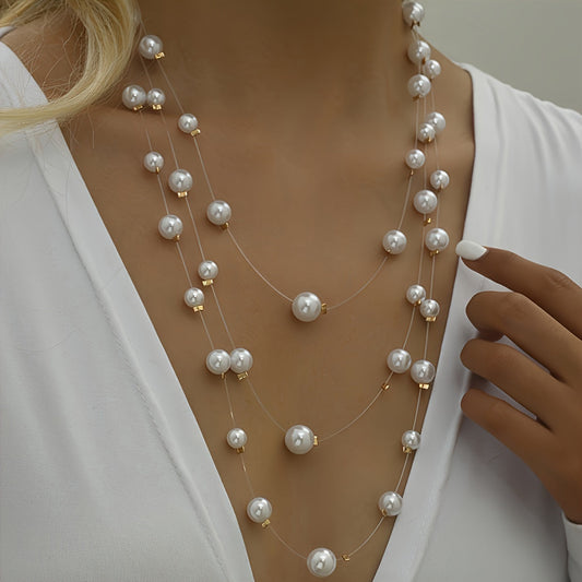 Triple-layer handcrafted faux baroque pearl necklace with an elegant design, ideal for parties and banquets.