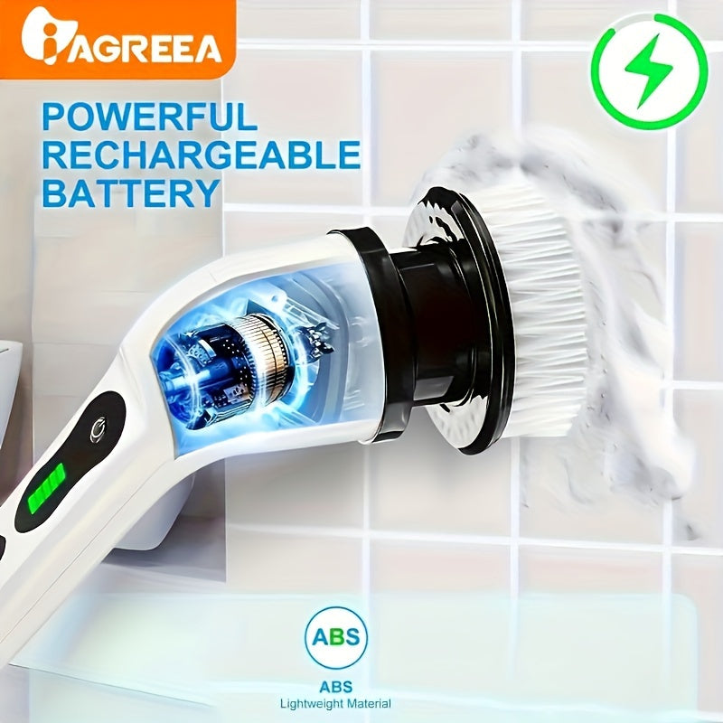 Introducing the IAGREEA Electric Spin Scrubber - A versatile power cleaning brush with 7 replaceable heads and an adjustable extension handle. Perfect for use in bathrooms, kitchens, living rooms, and for cleaning cars. This cordless scrubber features