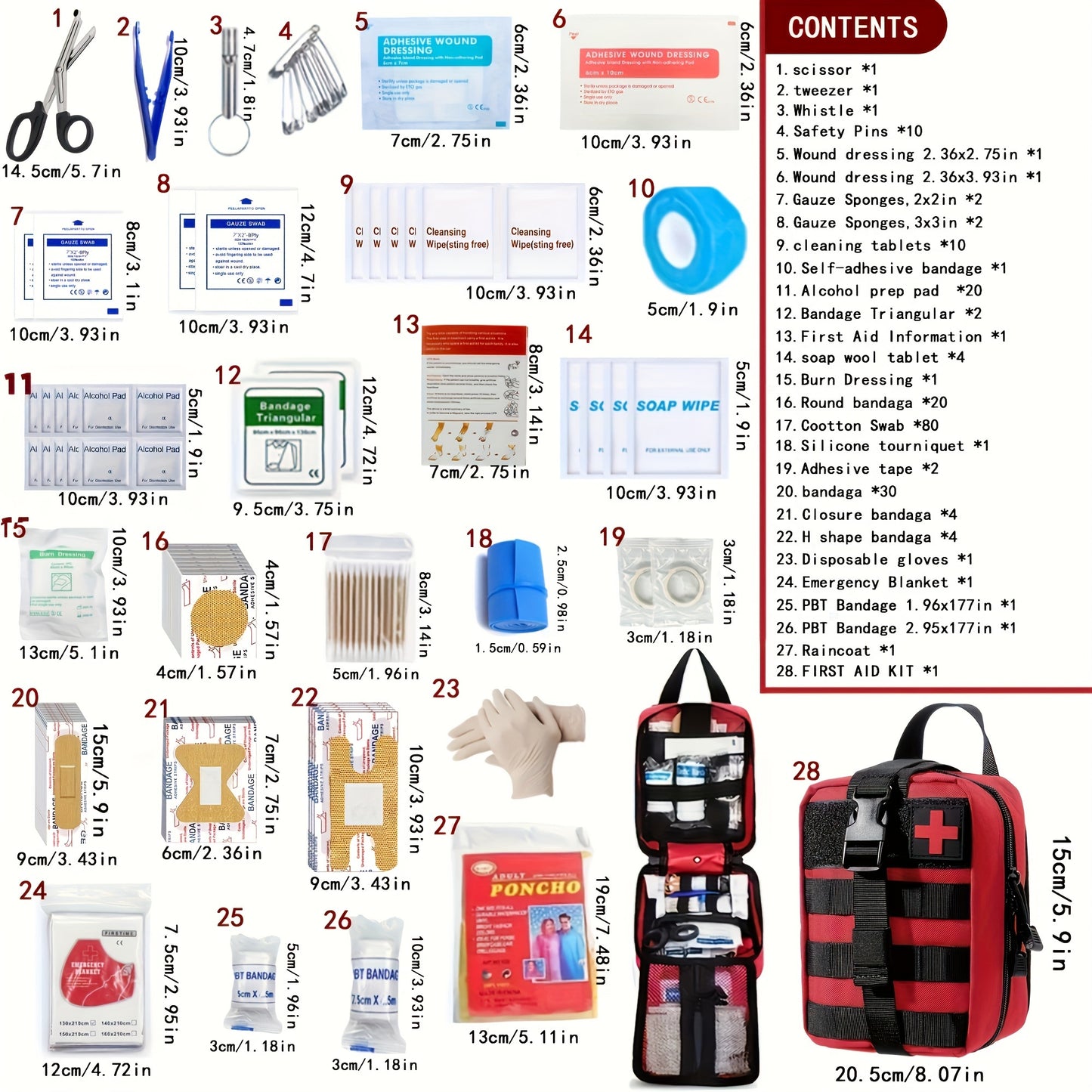 205-piece universal first aid kit suitable for various settings such as home, school, outdoor activities, hiking, car travel, and camping. Contains quick response first aid essentials