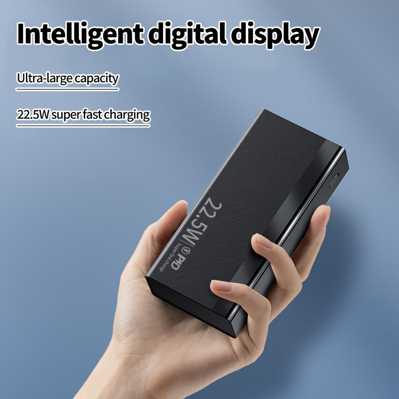 Large capacity power bank with fast charging capabilities, multiple input/output interfaces, intelligent battery display, and compatibility with various mobile devices. Ideal for outdoor