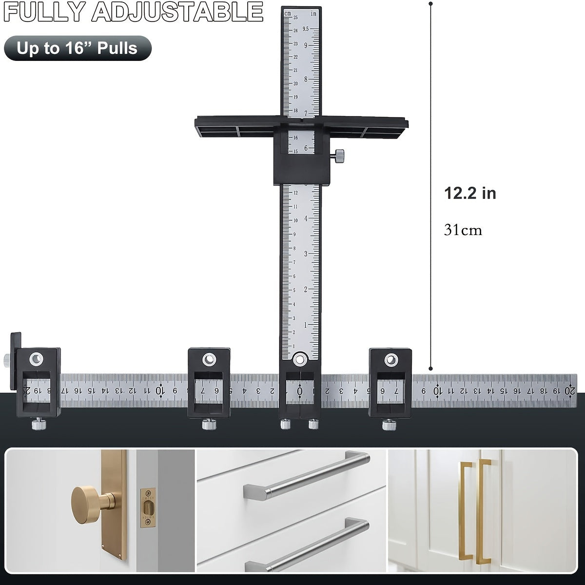 Guide for installation of door and drawer handles and knobs with black cabinet hardware jig tool.