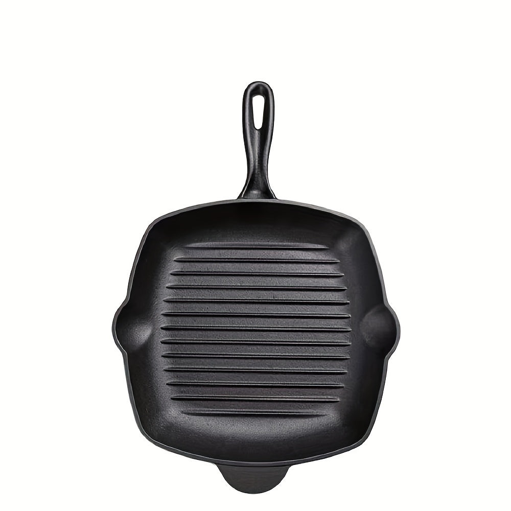 This new large steak frying pan is made of thickened cast iron, making it perfect for use in a new home. It can also be used for frying fish and features a special design that makes it compatible with both gas and electric stoves. The pan has a flat