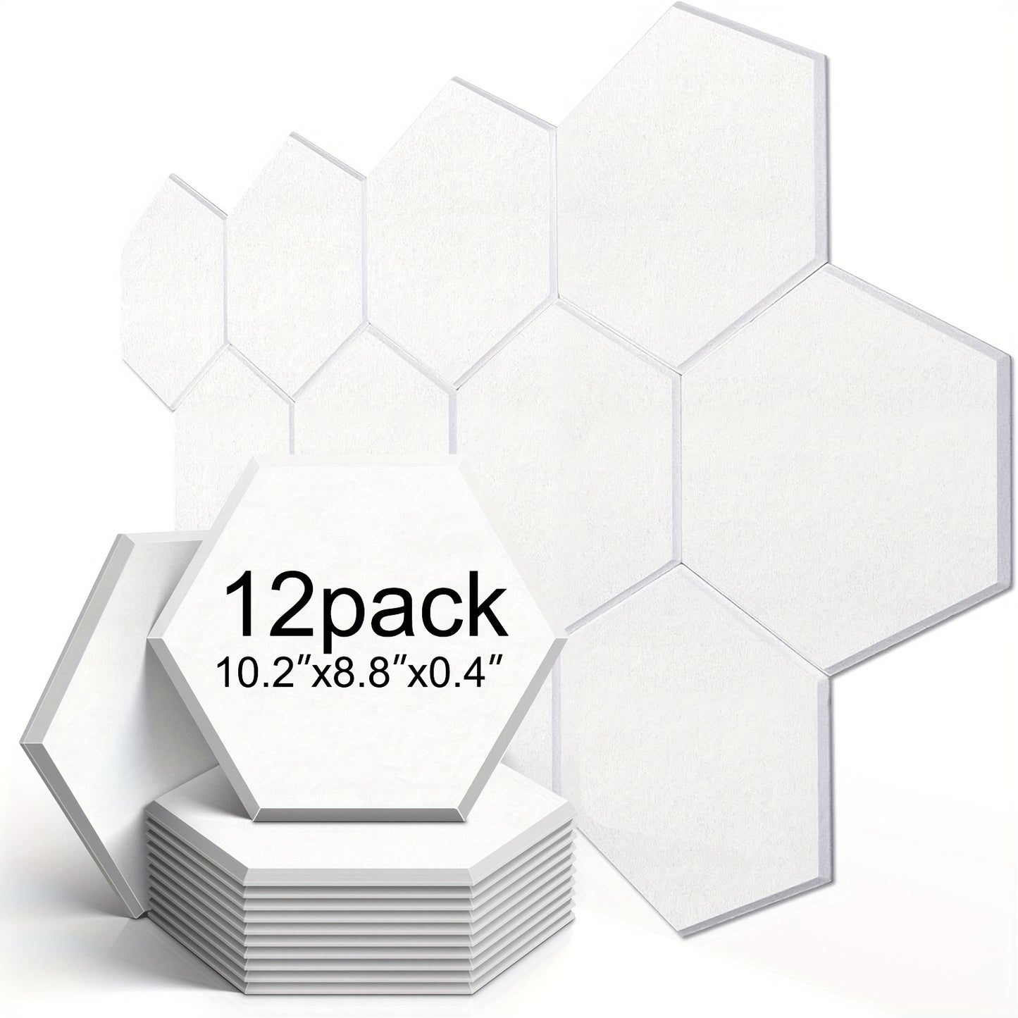 12-pack of self-adhesive hexagonal acoustic panels, sized 10.2 x 8.8 x 0.4 inches, for home, office, and recording studios.