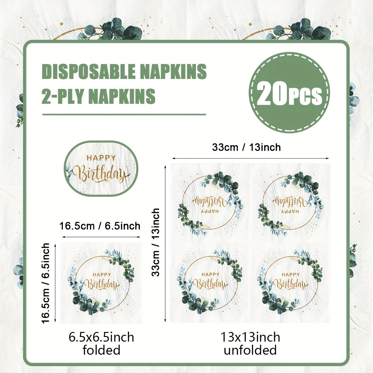 Celebrate in style with this pack of 20 Happy Birthday disposable napkins! Each napkin measures 33.02x33.02 cm and is made with double-layered paper for added durability. Perfect for parties and celebrations.