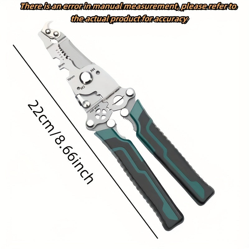 Electrician's multitool kit with 18 functions: foldable wire stripper, cutter, screwdriver, wrench. Made of Chrome Vanadium Steel for DIY, home, and construction projects.