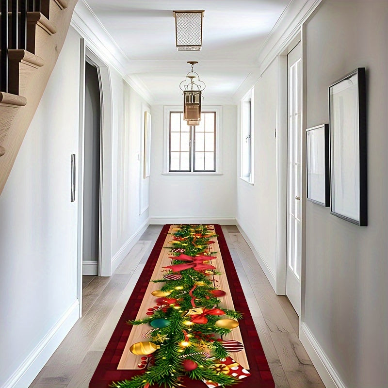 Get into the holiday spirit with this Christmas-themed runner rug featuring a festive tree, ornaments, and bow design. Made from low pile, tufted polyester, this machine washable rug is also non-slip and stain resistant, making it perfect for hallways