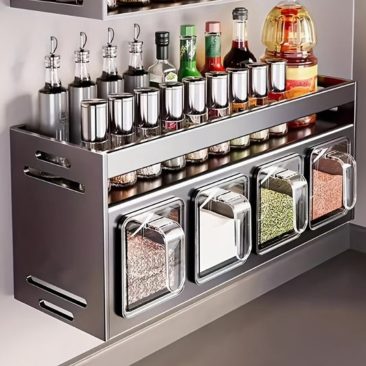 Aluminum wall-mounted rack for condiment storage, with multi-functional tiered shelf.