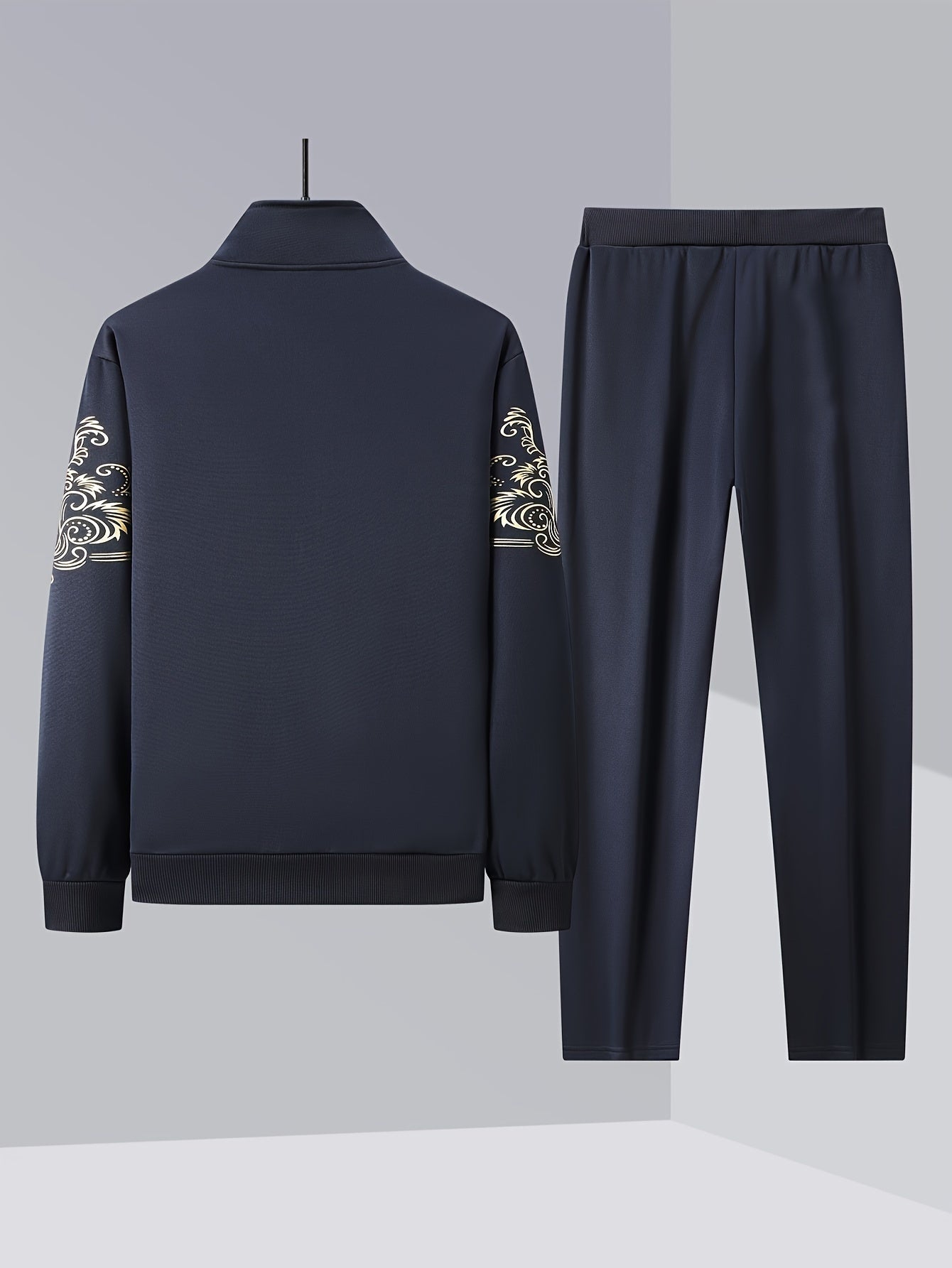 Stylish printed zip jacket and drawstring pants set for men.