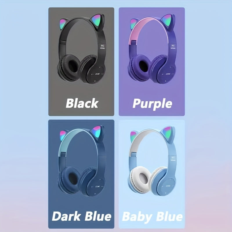 Wireless headphones with cute cat ears, LED lights, mic control. Stereo music helmet for phones and tablets with USB charging, volume control, and 3.5mm jack. Available in multiple colors.