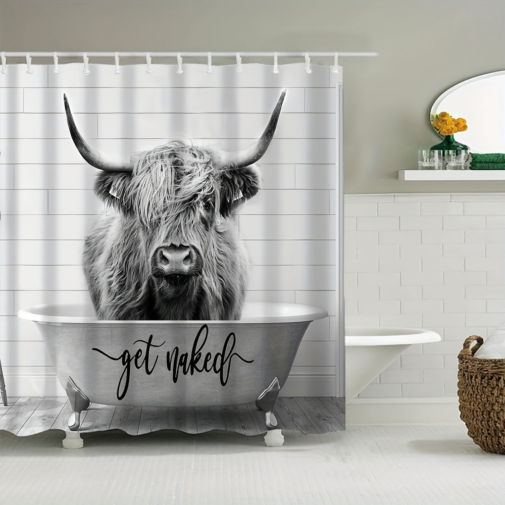 Funny Western Highland Cow Shower Curtain Set for farmhouse-style bathroom decor, made of polyester fabric measuring 182.88 x 182.88 cm. Ideal for aesthetic room and home decor.