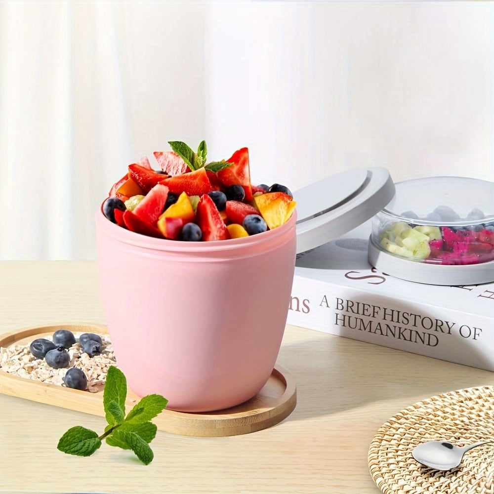 23.6oz portable breakfast cup with lid for on-the-go meals. Features oatmeal and yogurt divider, ideal for salad, cereal, or oatmeal lunches. 700ml capacity.