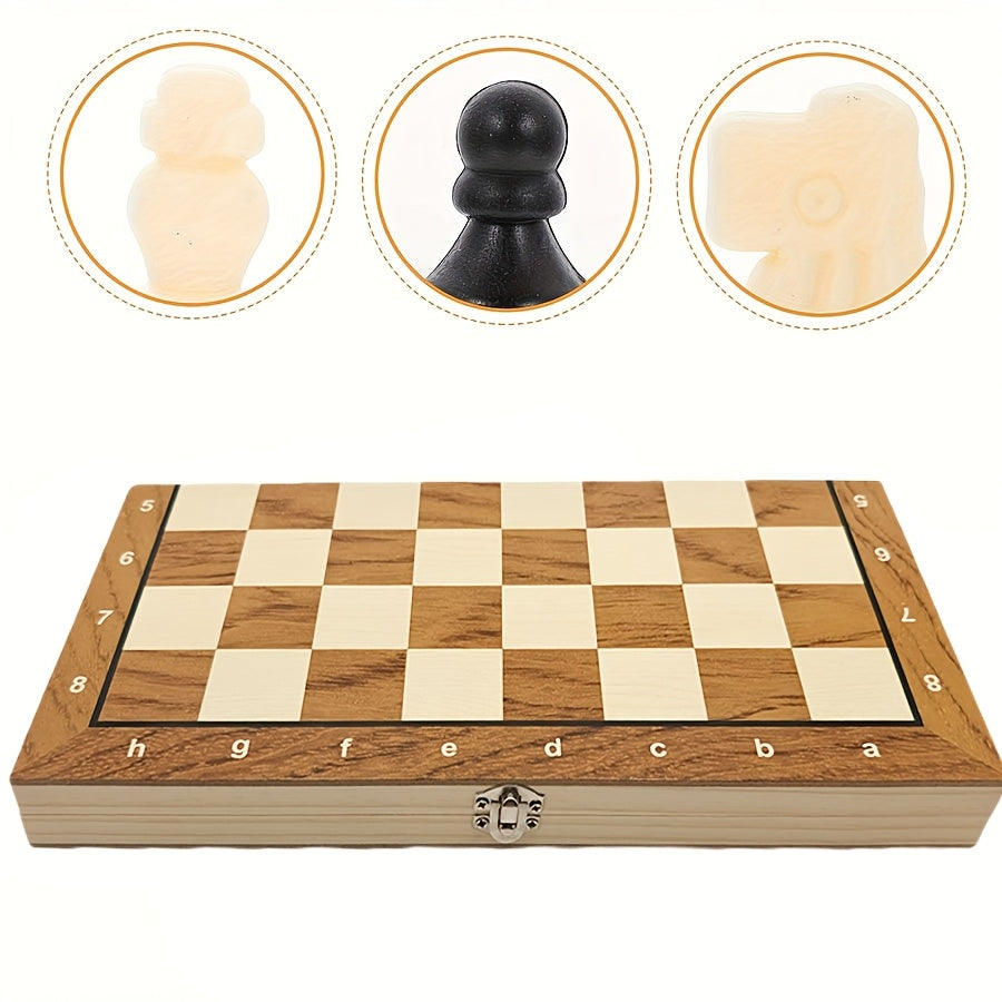 1pc 3-in-1 wooden chess board game for adults, includes backgammon and checkers.