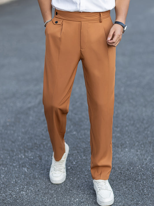 Men's vintage style loose-fit trousers in solid color, polyester fabric with a non-stretch, 9-inch length, regular fit, and button detail. Suitable for all seasons.