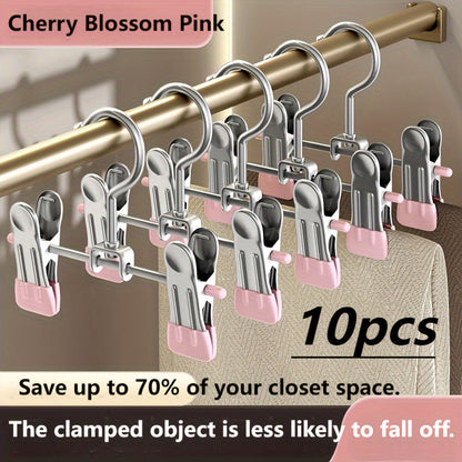 Set of 10 Stainless Steel Pant Hangers with Clips, Versatile Storage Rack for Pants, Skirts, Bras, Scarves, Underwear, Perfect for Bedroom, Balcony, Dorm, Kids' Clothes, Space-Saving Closet Organizer, Essential for Home Organization, Also Suitable for