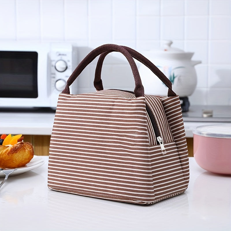 Trendy Insulated Lunch Tote with Striped Design - Made from Sturdy Oxford Cloth, Features Easy-to-Clean Aluminum Foil Lining, Large and Light for Work, Picnics, and Camping