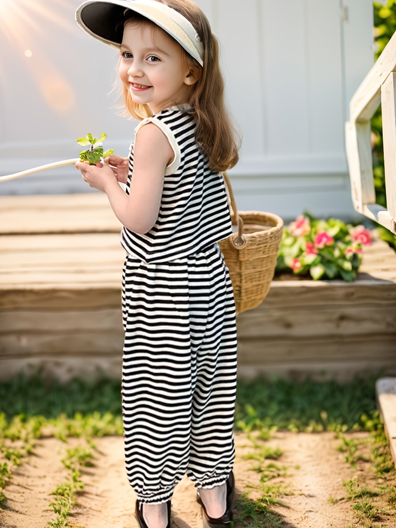 2-piece set for girls featuring a striped sleeveless top with front buttons and crop pants. Perfect sporty and trendy holiday gift for summer, suitable for outdoor activities.