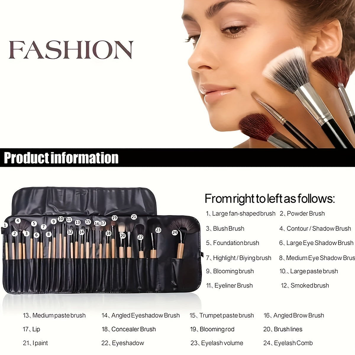 24-piece makeup brush set with oval brushes made of polyester bristles and ABS handles, suitable for normal skin. Versatile tools for applying foundation, eyeshadow, and contouring, perfect